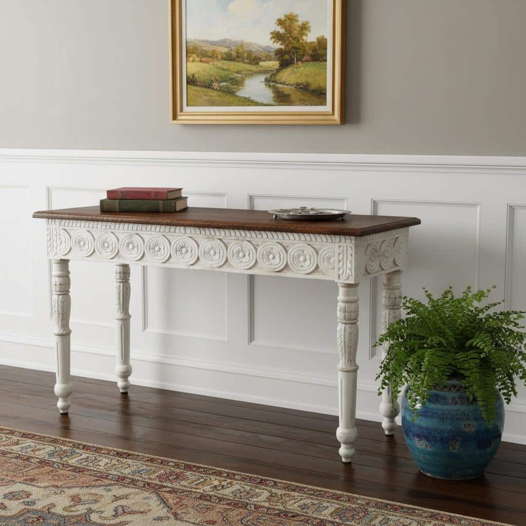 HomeRoots 48" Natural and White Solid Wood Distressed Console Table - 48.00 in. x 30.00 in. x 16.00 in.