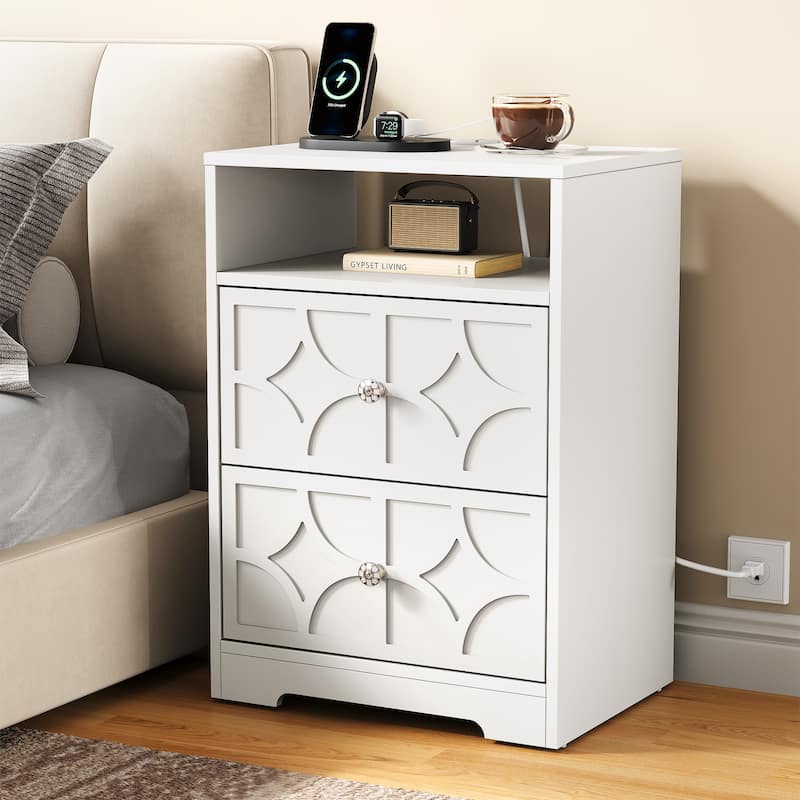 Large Night Stand with 2 Drawers and Charging Station