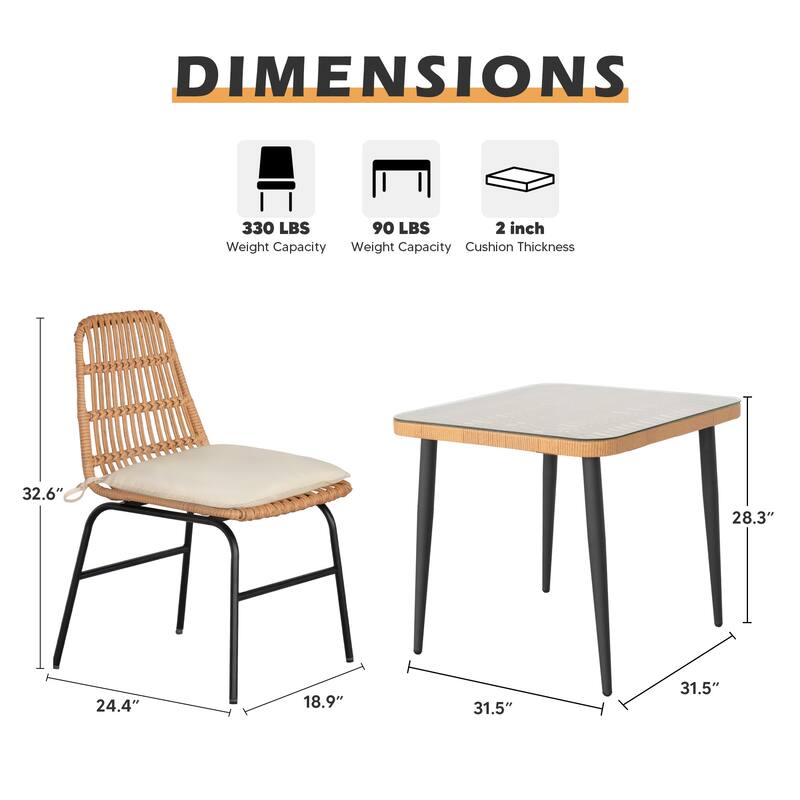 5 Piece Outdoor Dining Set, Glass Table with Woven Chairs for Patio, Balcony & Garden - 24.01"L x 20.87"W x 28.74"H