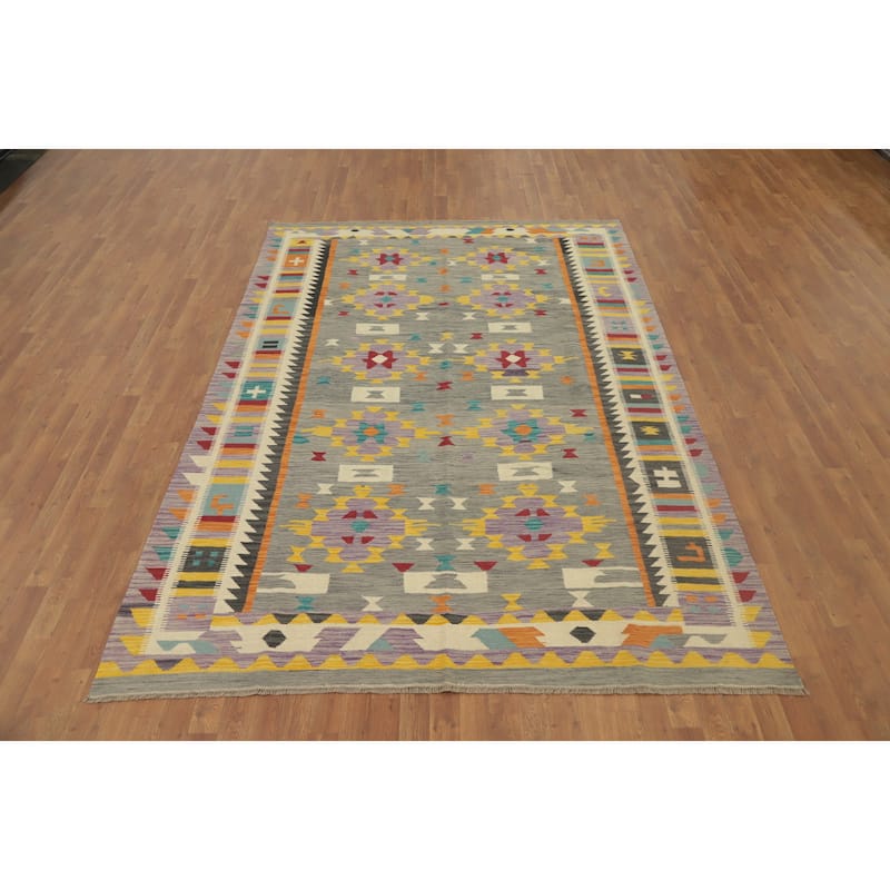 Hand Woven Oriental 100% Wool Carpet Southwestern Tribal Greys & Charcoal Kilim Area Rug - 9' 9'' X 6' 9''