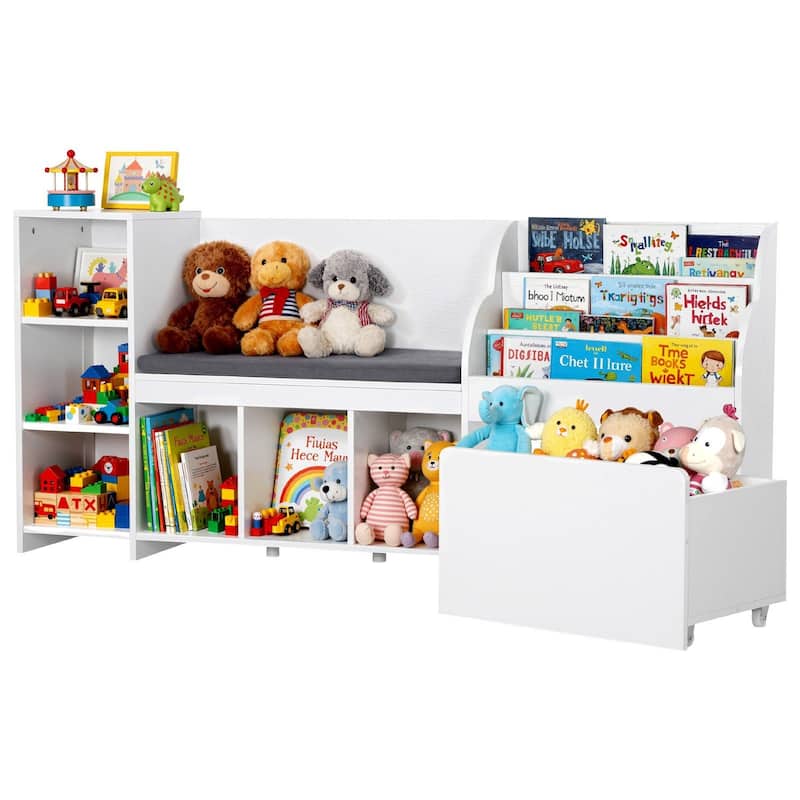Kids Reading Nook, Wooden Storage Bench with Backrest, Kids Bookshelf & Toy Organizer, Large Toy Box Chest for Playroom - White