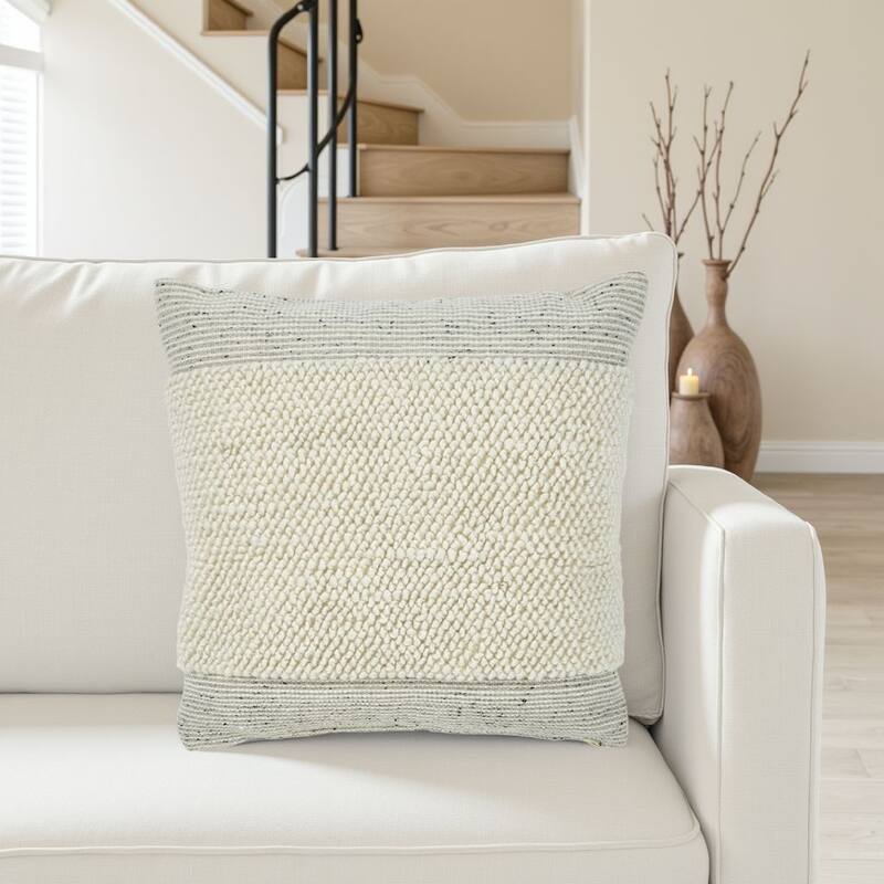 Square Accent Throw Pillow, 20 Inch, White and Gray Stripes, Polyfill