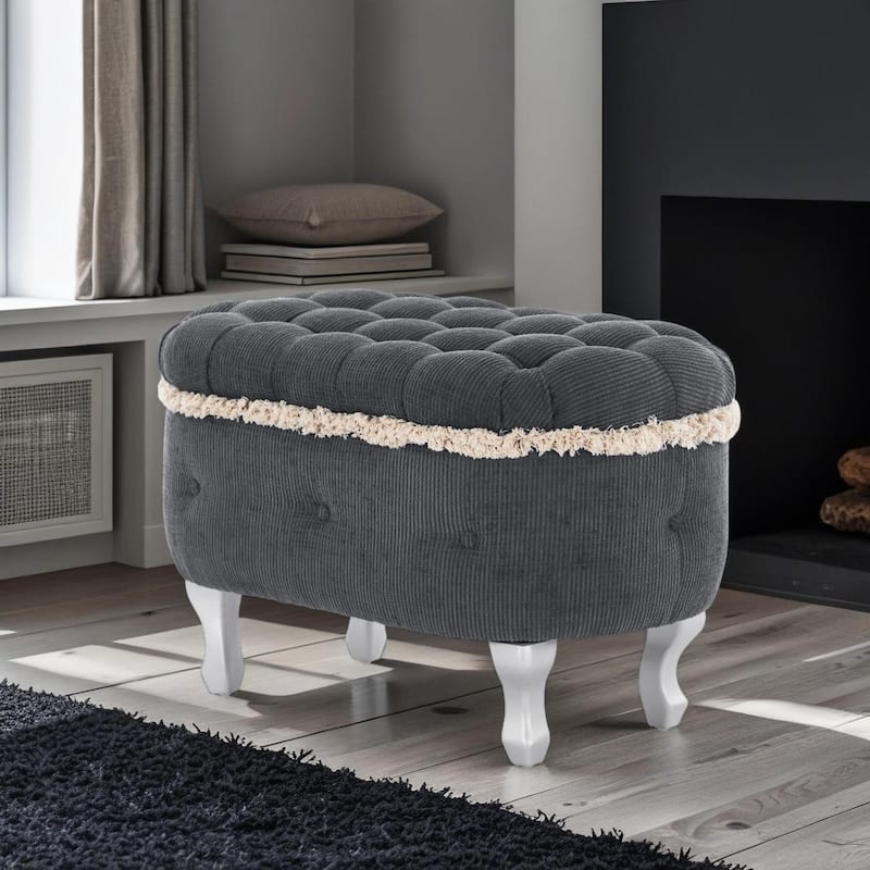Roomfitters Upholstered Storage Bench with Button Tufted Top, End of Bed Bench with Fringe and Curved Legs - Grey