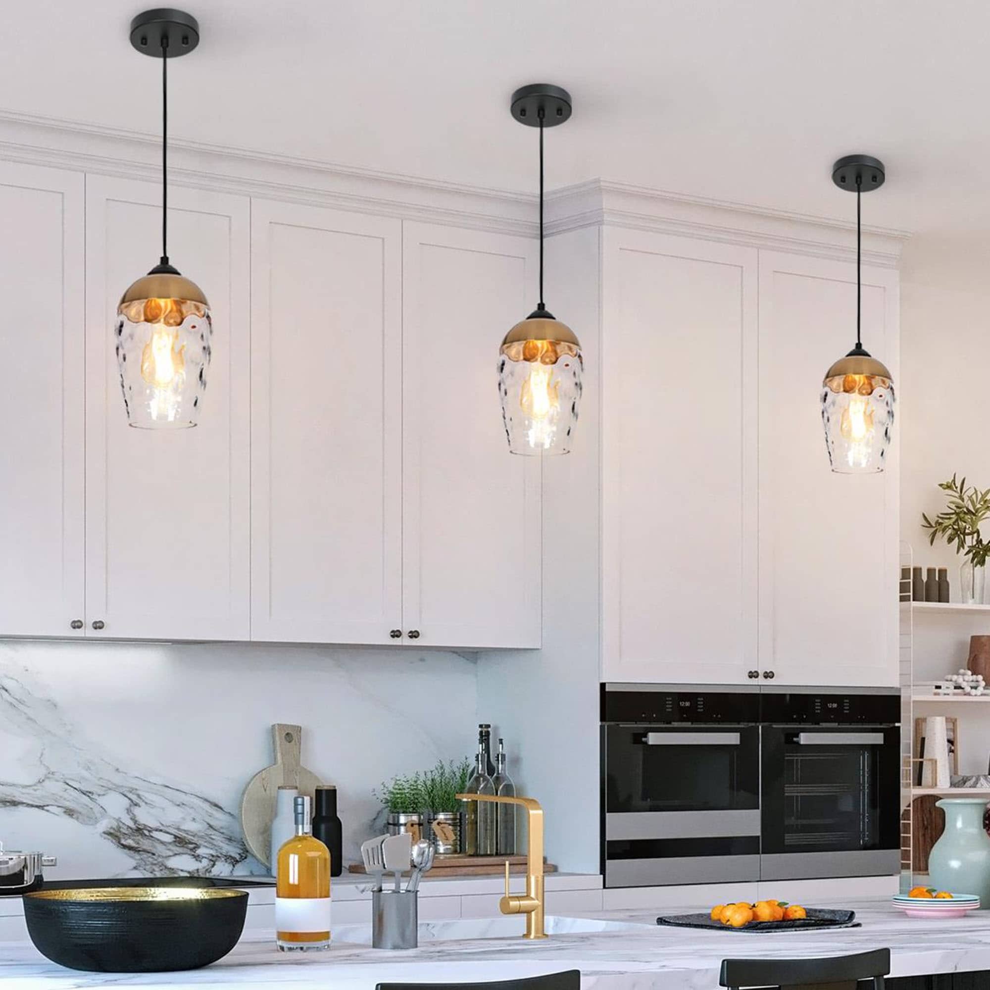 Ottilie Modern 1 Light Black Gold Hammered Glass Pendant Lights for Kitchen Island 6