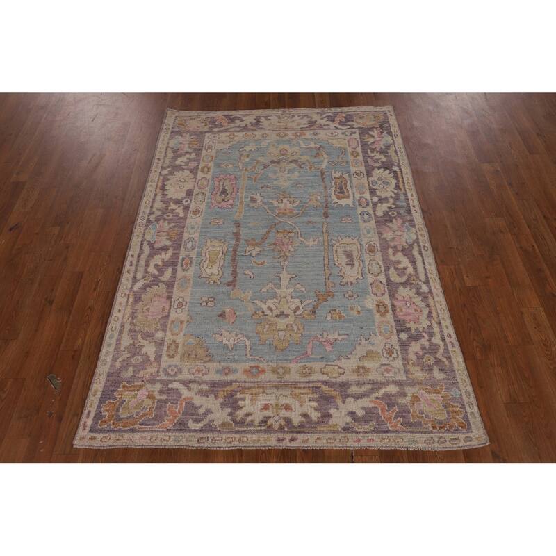 Light Blue Oushak Vegetable Dye Area Rug Hand-Knotted Wool Carpet - 4'1"x 5'9"