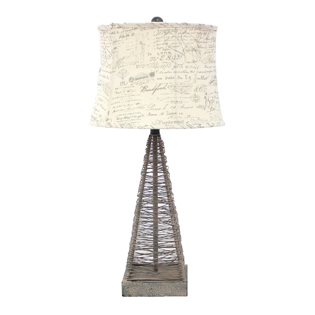 Geometric Grey Metal Table Lamp with White Printed Drum Shade - 13” x 15” x 28.50”