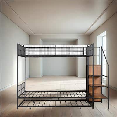 Black/White Metal Bunk Bed Twin Over Full with Built-In Wardrobe, Step Ladder Storage, and Optional Trundle or Drawers