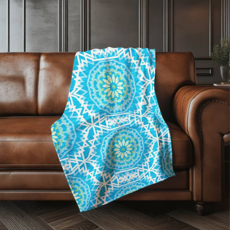 Premium Machine Washable Boho Suzani Sherpa Throw Blanket - Blue - 4'2" x 5'10"