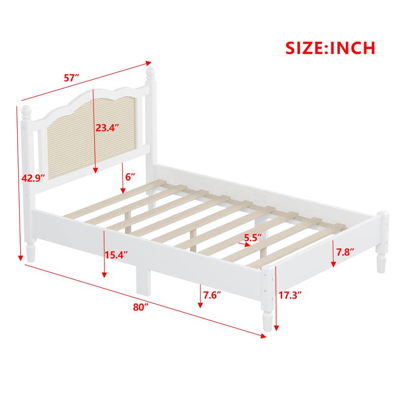 Wooden Platform Bed with Arc Rattan Headboard Bed Frame, Pine Wood Panel Bed, Solid Wood Legs for Bedroom