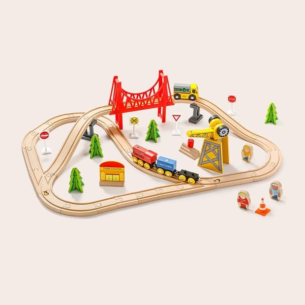 slide 2 of 7, Tiny Land® Wooden Track Trains 55 Pcs Toddler