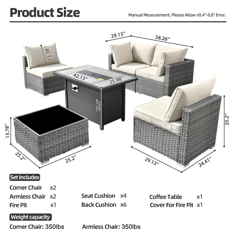 XIZZI 6-piece Patio Furniture Set Outdoor Sectional Rattan Sofa with Firepit