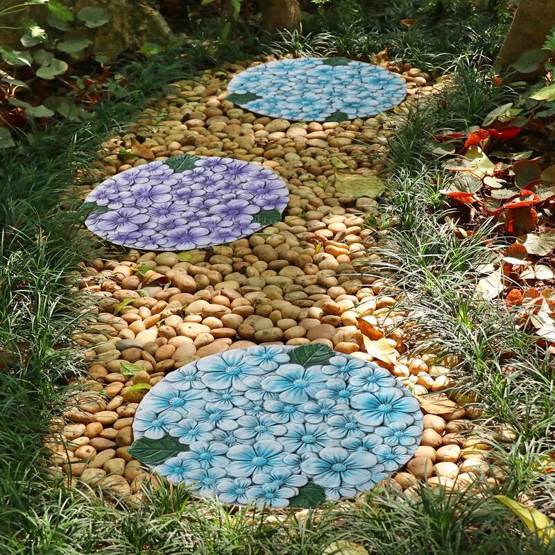 Glitzhome 4-Piece Cement Blue and Purple Hydrangea Textured Stepping Stones - 10 in