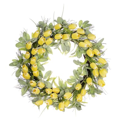 30" Artificial Tulip Floral Spring Wreath With Green Leaves