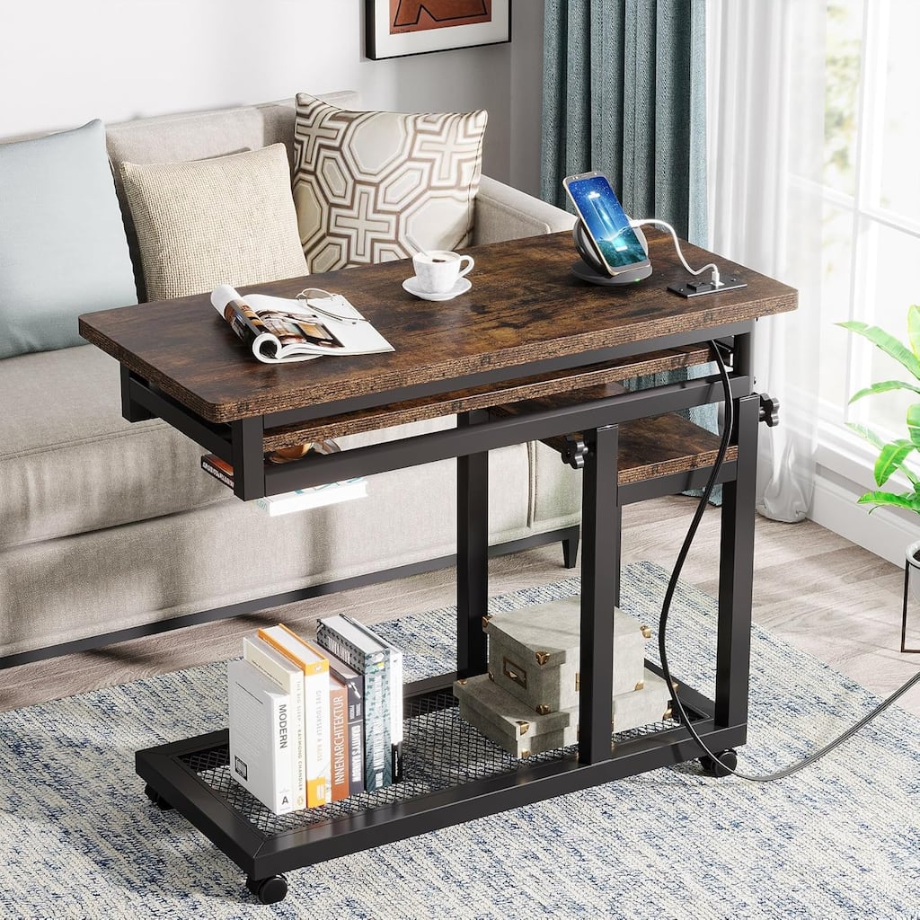 28"-39.3" Height Adjustable Portable Desk with Power Outlet & USB Ports - Brown