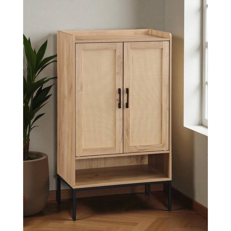 Rattan Door Shoe Cabinet, 5-Tier Wooden Shoe Storage Organizer with Open Shelves for Entryway, Hallway, or Bedroom - Natural