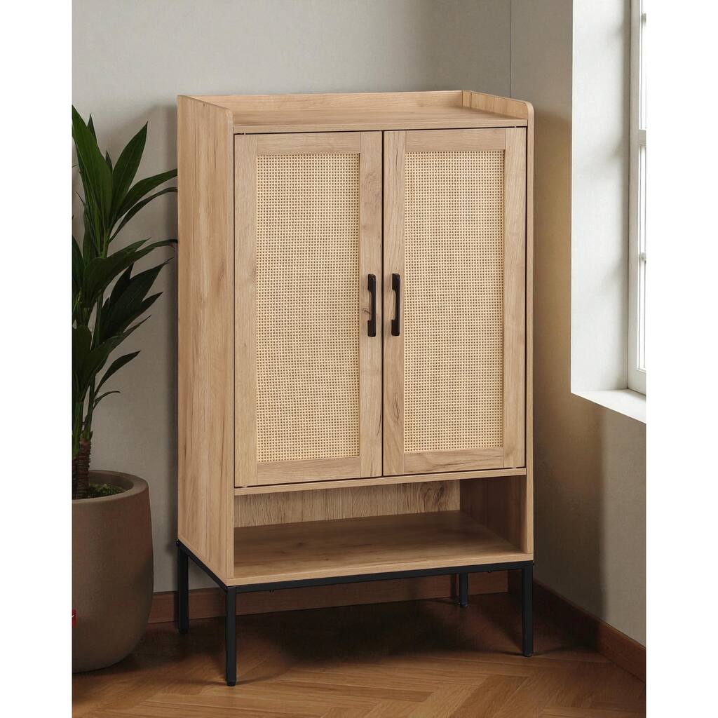 Rattan Door Shoe Cabinet, 5-Tier Wooden Shoe Storage Organizer with Open Shelves for Entryway, Hallway, or Bedroom
