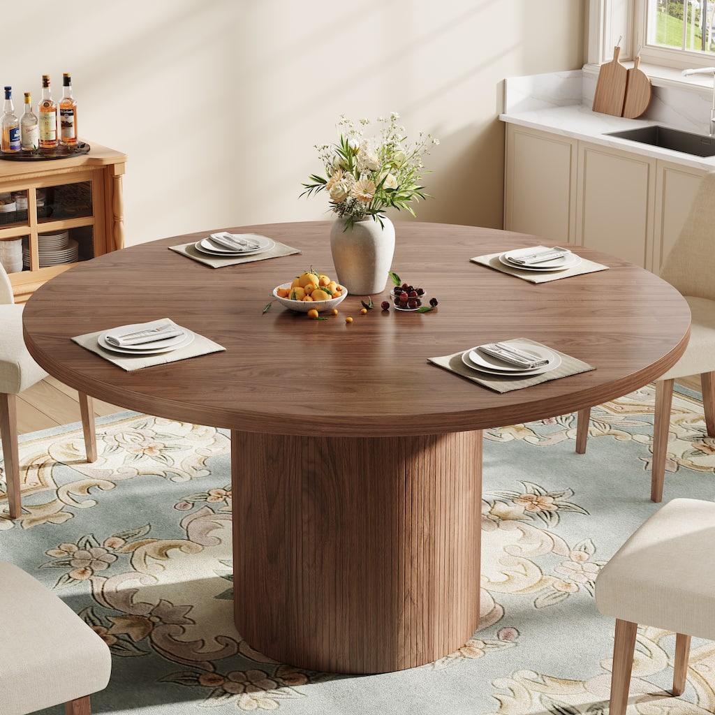 Mid-Century Modern 30"H Round Wood Dining Table for 6, Kitchen Table w/Pedestal - 47”