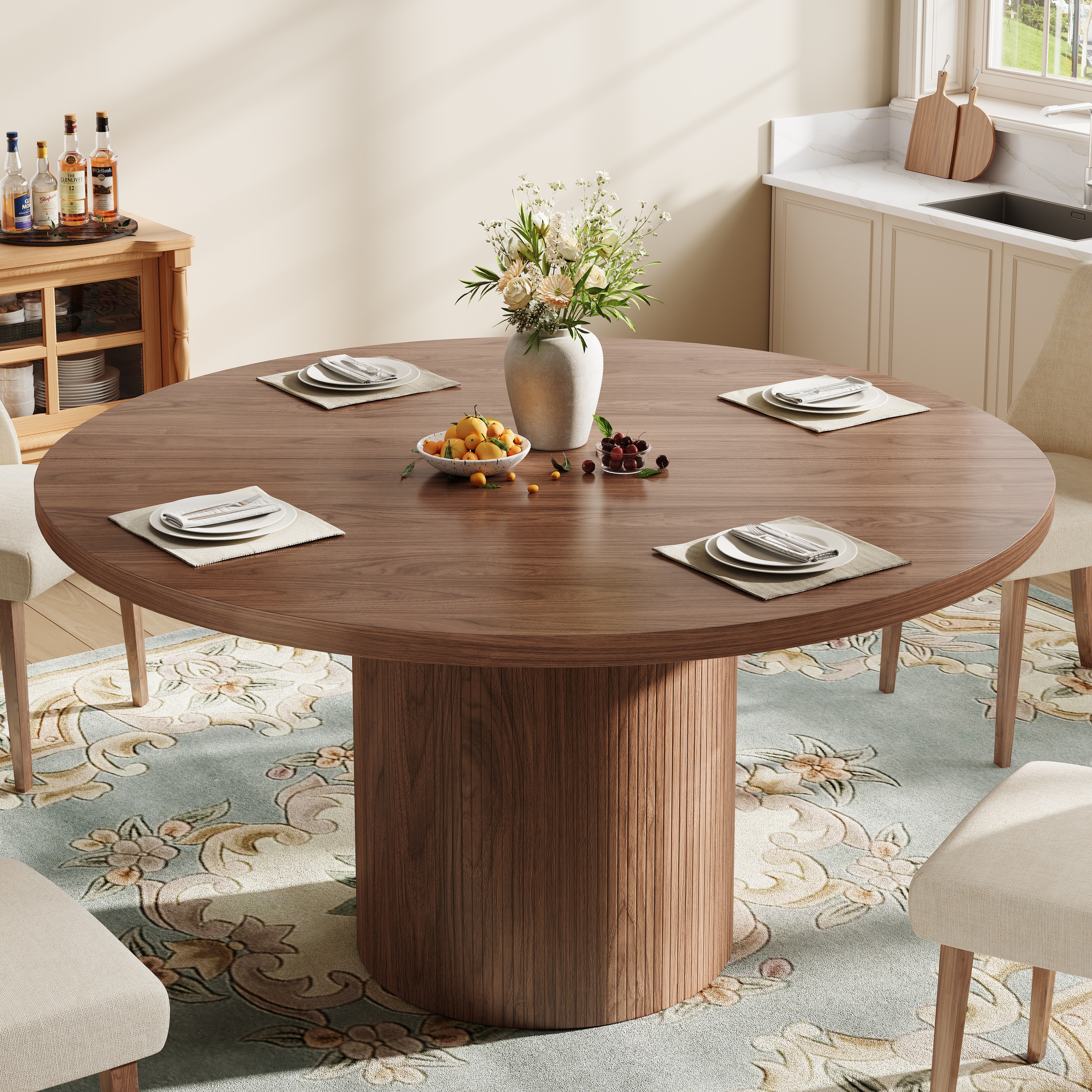 Mid-Century Modern 30"H Round Wood Dining Table for 6, Kitchen Table w/Pedestal - 47”