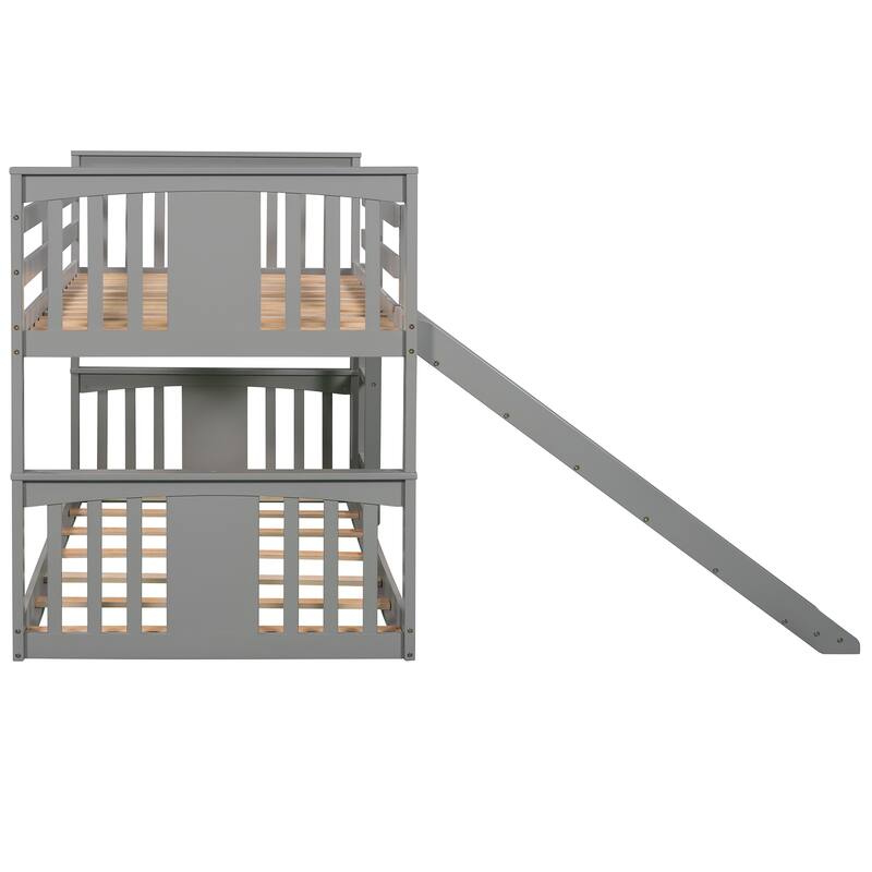 Twin over Twin Size Solid Wood Bunk Bed with Ladder, Slide and Fence for Kids, Bedroom