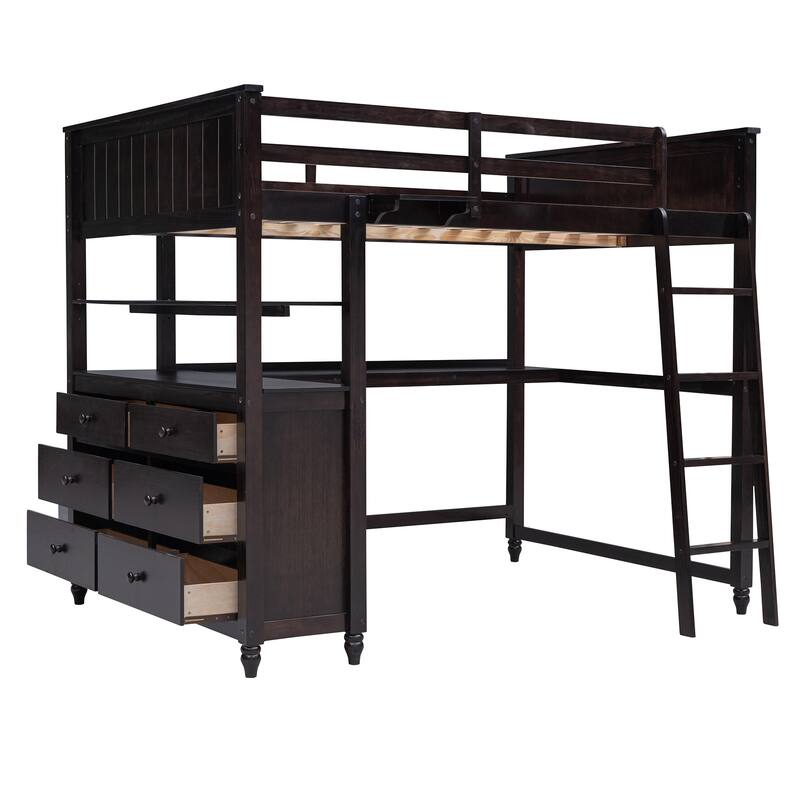 Espresso Full Wooden Loft Bed with Drawers, Desk, Shelves, Guardrails, Reversible Ladder
