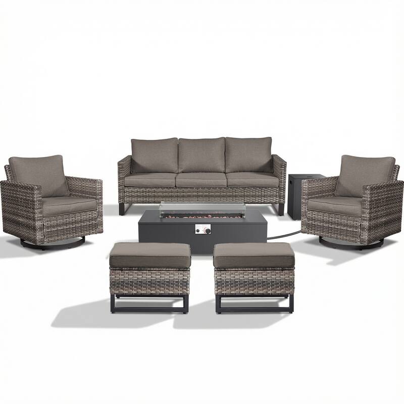 Pocassy 7-Piece Patio Sofa Swivel Chair Ottoman with Fire Table