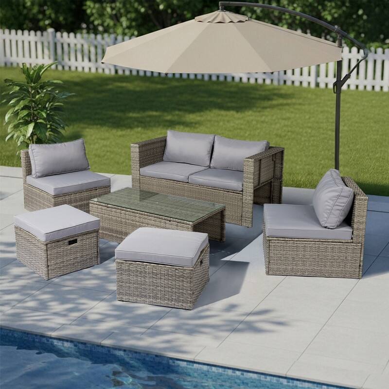 6-Piece All-Weather Wicker Conversation Sofa Set with Nesting Storage & Tea Table for Garden - Grey