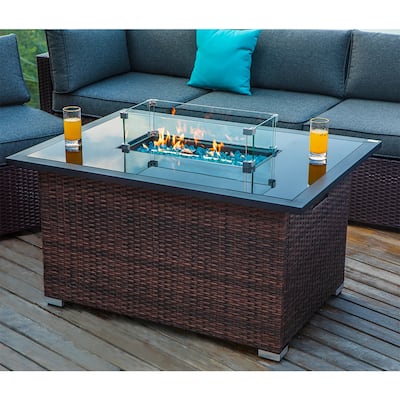 COSIEST Outdoor Rectangle Espresso Brown Wicker Fire Pit with Wind Guard