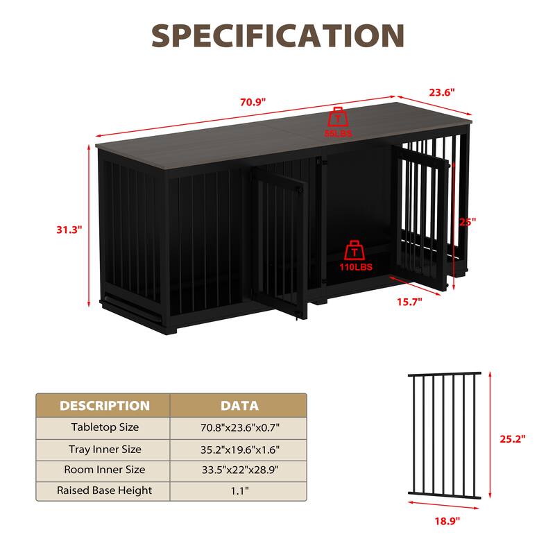 Lovinouse Furniture Style Dog Crate w/Double Room Wooden Dog Kennel