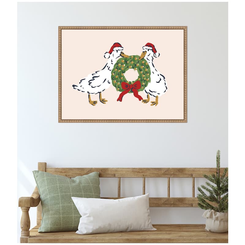 Kate and Laurel Sylvie Beaded Christmas Wreath Ducks Framed Canvas by Krissy Mast