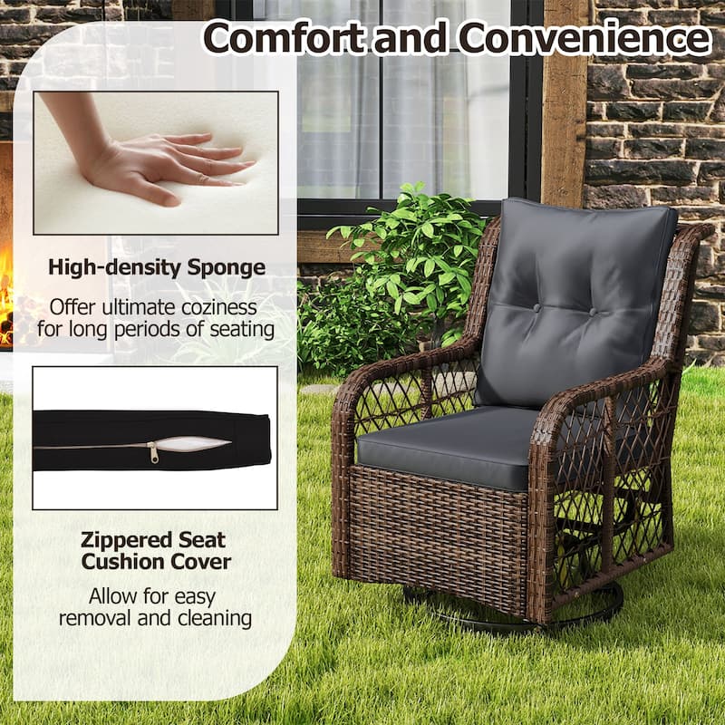 3 Piece Mix Brown Rattan Metal Swivel Chairs with Cushions and Glass Side Table - 30" x 26" x 35"