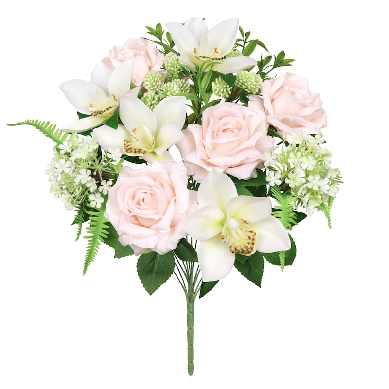 Set of 2 Cream Blush Artificial Mixed Rose Cymbidium Orchid Snowball Flower Stem Bush Bouquet 19in - 19" L x 12" W x 12" DP