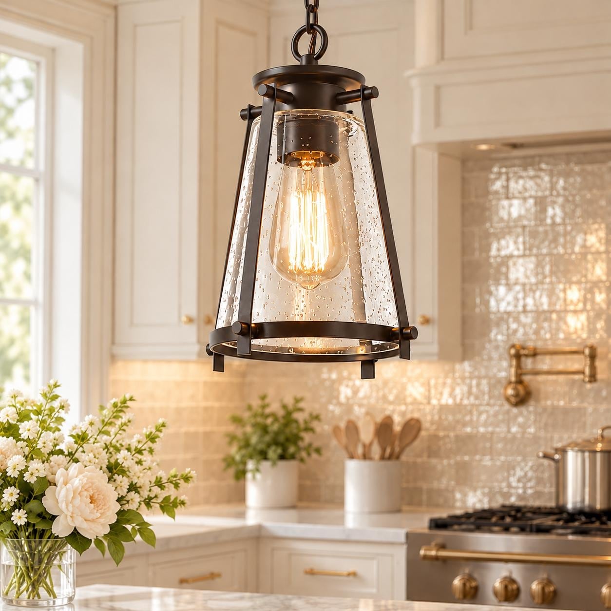 LALUZ Modern 1-Light Glass Cage Pendant Island Lights for Dining Room - W7.5"xH11"