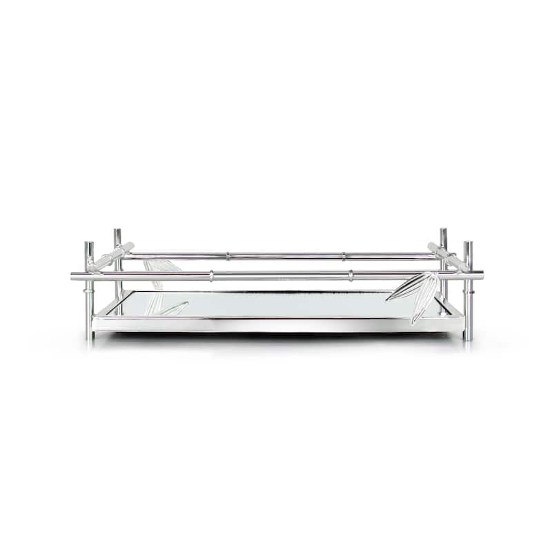 Silver Bamboo Style Rectangle Metal Mirror Decorative Tray Serving Platter - 12" L x 7.25" W x 3" H - Silver