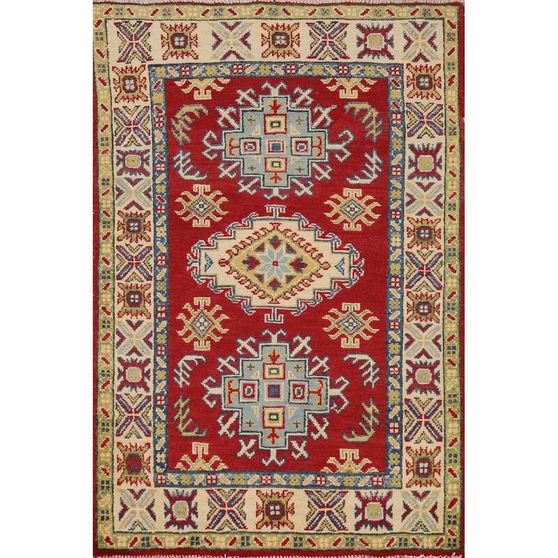 Red Kazak Foyer Rug Handmade Geometric Wool Carpet - 2'9"x 3'11"