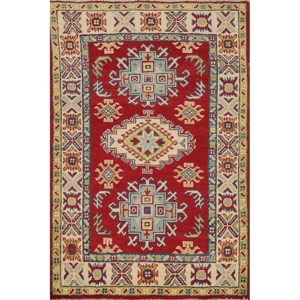 Red Kazak Foyer Rug Handmade Geometric Wool Carpet - 2'9"x 3'11"