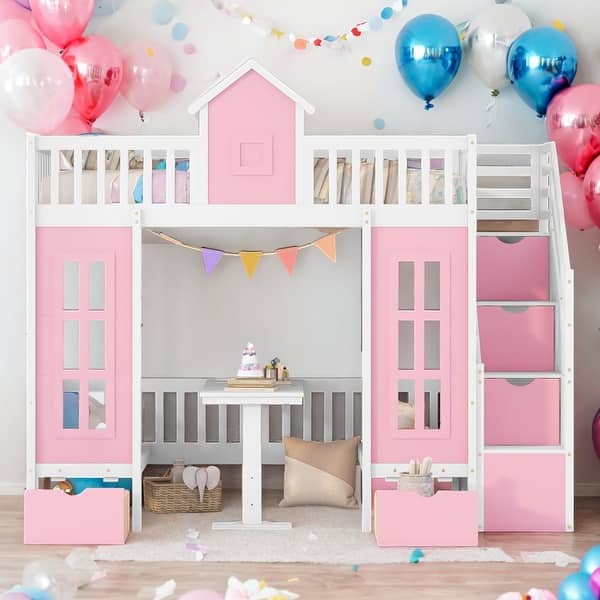 slide 2 of 11, Pink Twin Size Bunk Bed with Changeable Table, Loft Bed Turn into Upper Bed and Down Desk Pink - Twin