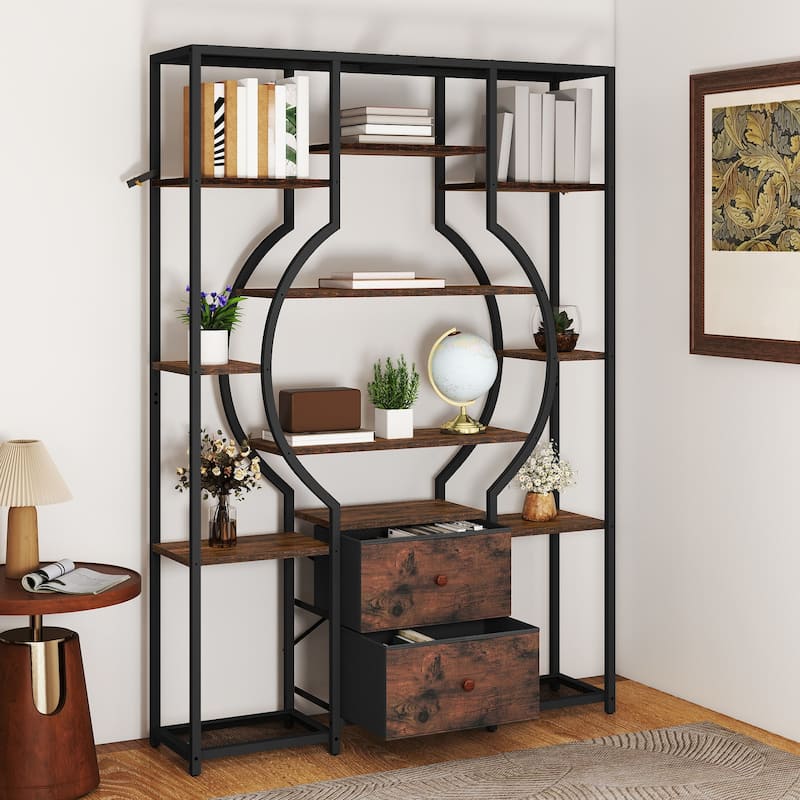 Moasis 6-Tier Bookshelf with 2 Drawers & 12 Open Shelves,Industrial Display Shelf Unit Bookcase