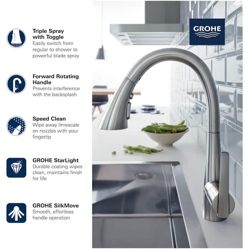 Grohe Zedra 1.75 GPM Single Hole Pull Down Kitchen Faucet with