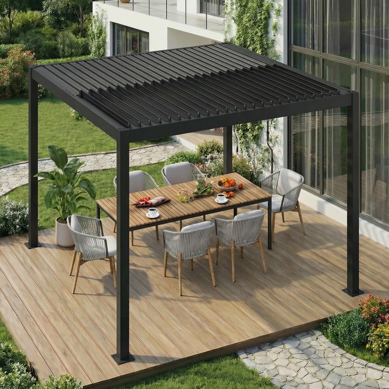 EROMMY Outdoor Louvered Pergola with Adjustable Aluminum Roof – Rainproof Gazebo for Patio & Garden