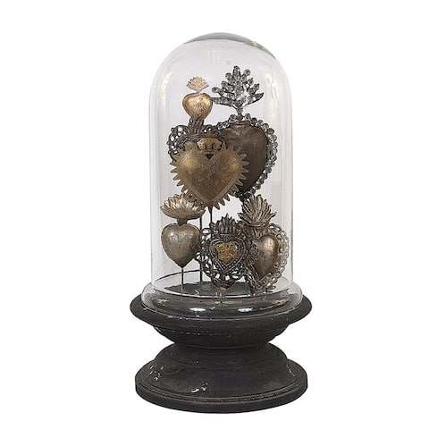 Decorative Tin Sacred Hearts on Wood Pedestal with Glass Cloche