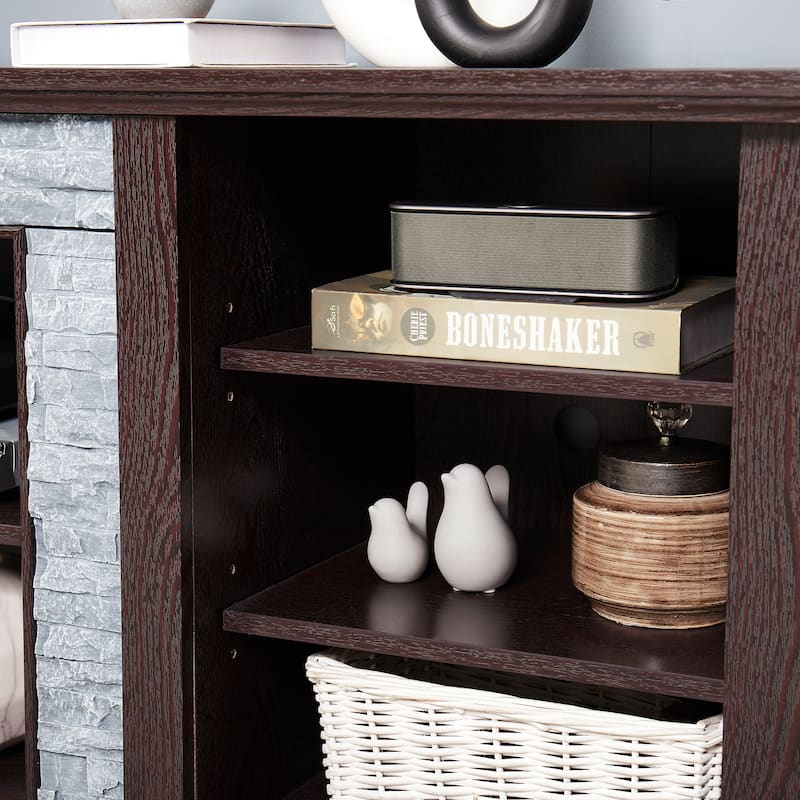 Large Storage TV Stand for TVs up to 75'' with Faux Stacked Stone, Adjustable Shelves and Cable Management