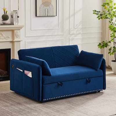 Modern Velvet Upholstered Sleeper Sofa with Pull-out Bed, UPS Ports,2 Lumbar Pillows and Side Pocket