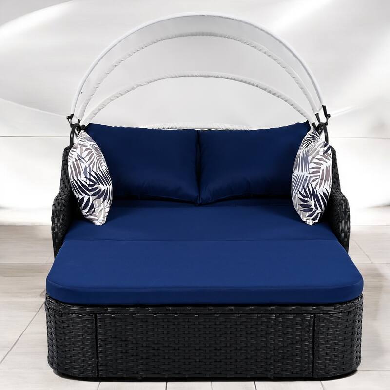 Outdoor Sunbed with Adjustable Canopy - Rattan Double Lounge Daybed 4 Pillows, and Cushions for Patio, Deck, or Garden - Black+Blue