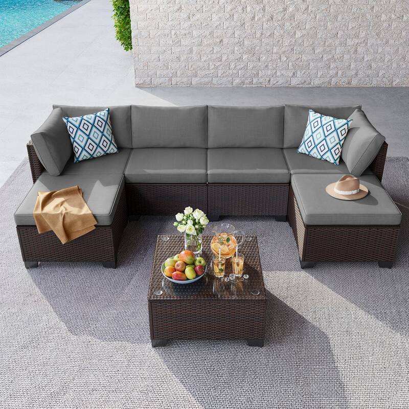 7 Piece Patio Furniture Set, All-Weather PE Rattan Outdoor Conversation Sofa Set with Waterproof Cushions & Coffee Table