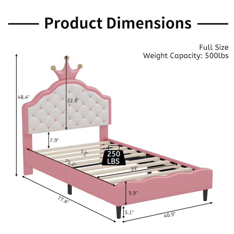 Lovely Crown Fantasy Princess Bed, PU Leather Tufted Headboard Platform Bed, Kids Wood Slat Panel Bed