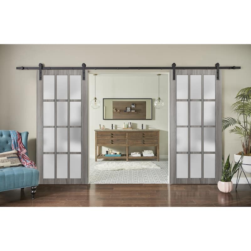 Slab Barn Door Panel Frosted Glass 12 Lites / Felicia 3312 Ginger Ash Gray