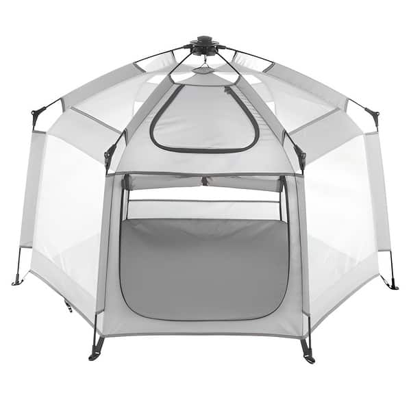 slide 2 of 10, Grey Oxford Cloth Baby Playpen with Canopy, UV Shade and Mesh Sides - 59.8” L x 59.8” W x 37.0” H Grey