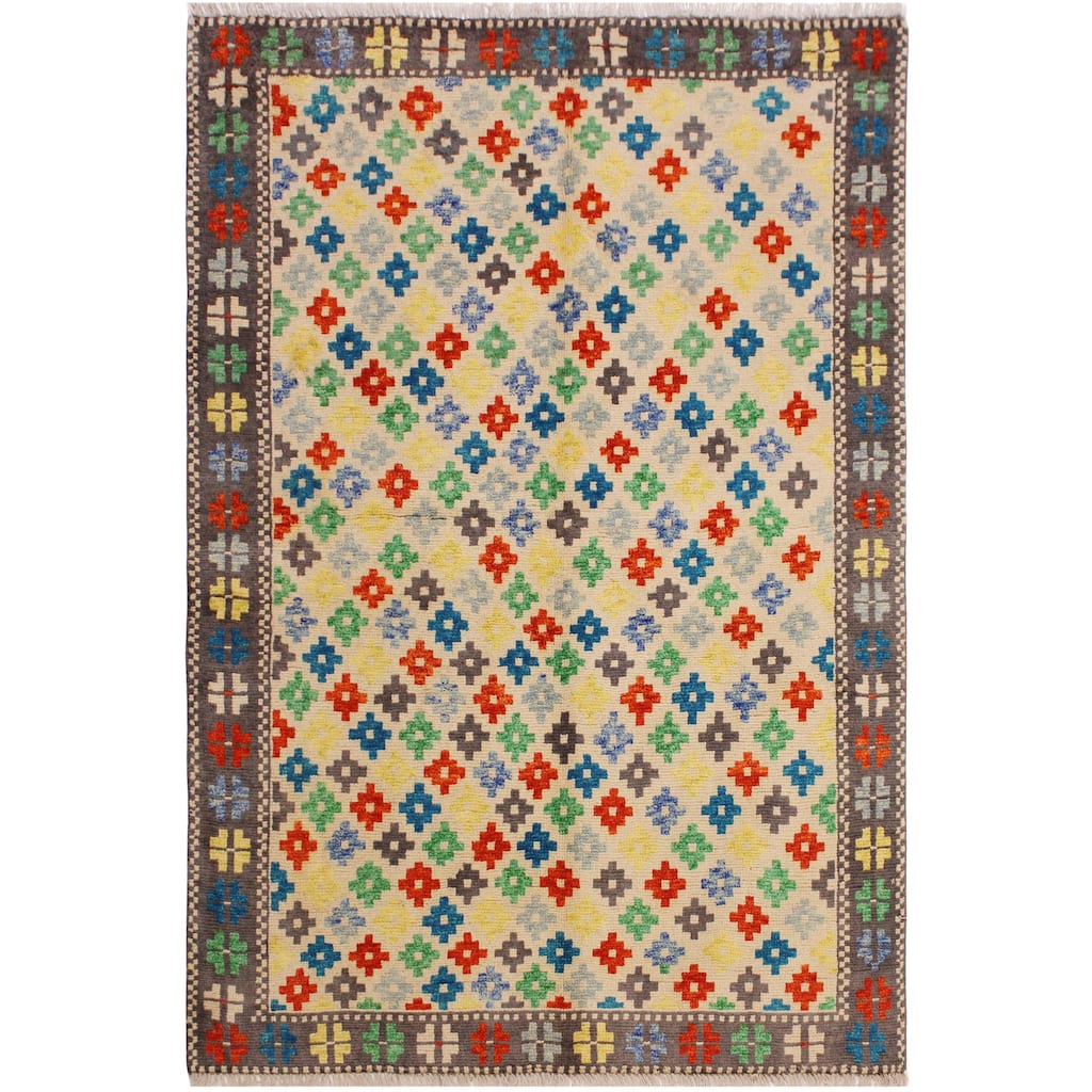 Modern Balochi Trujillo Beige/Gray Hand Knotted Wool Rug - 4'10'' x 6'6''