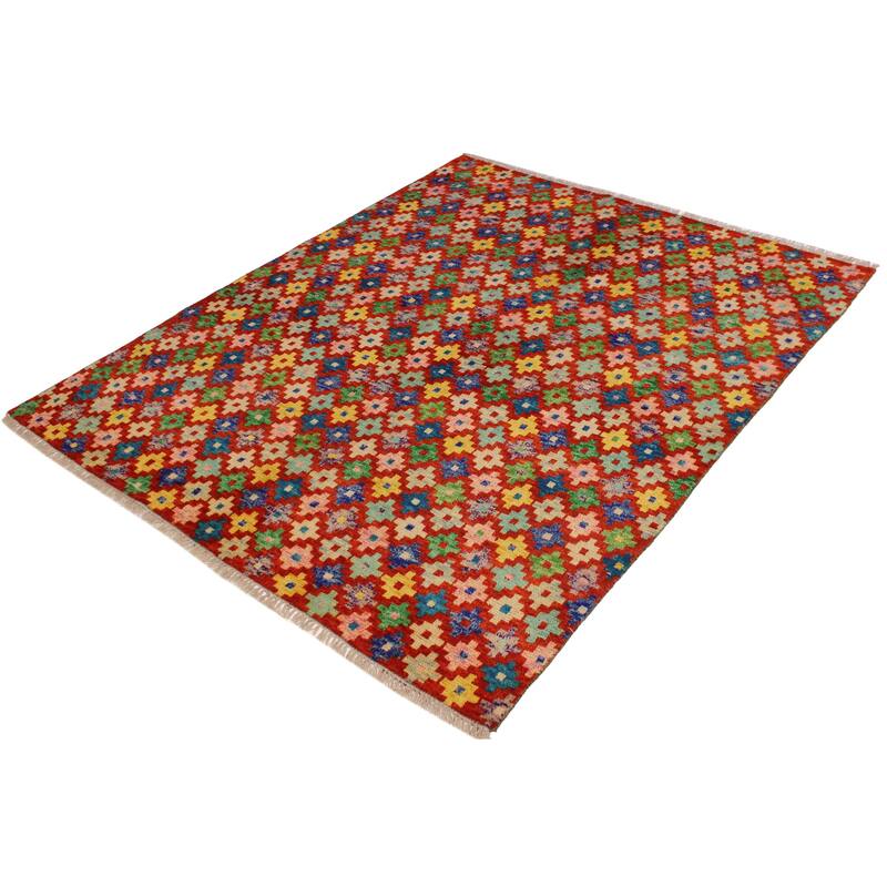 Eclectic Balochi Grimes Red/Blue Hand Knotted Wool Rug - 4'10'' x 6'4''
