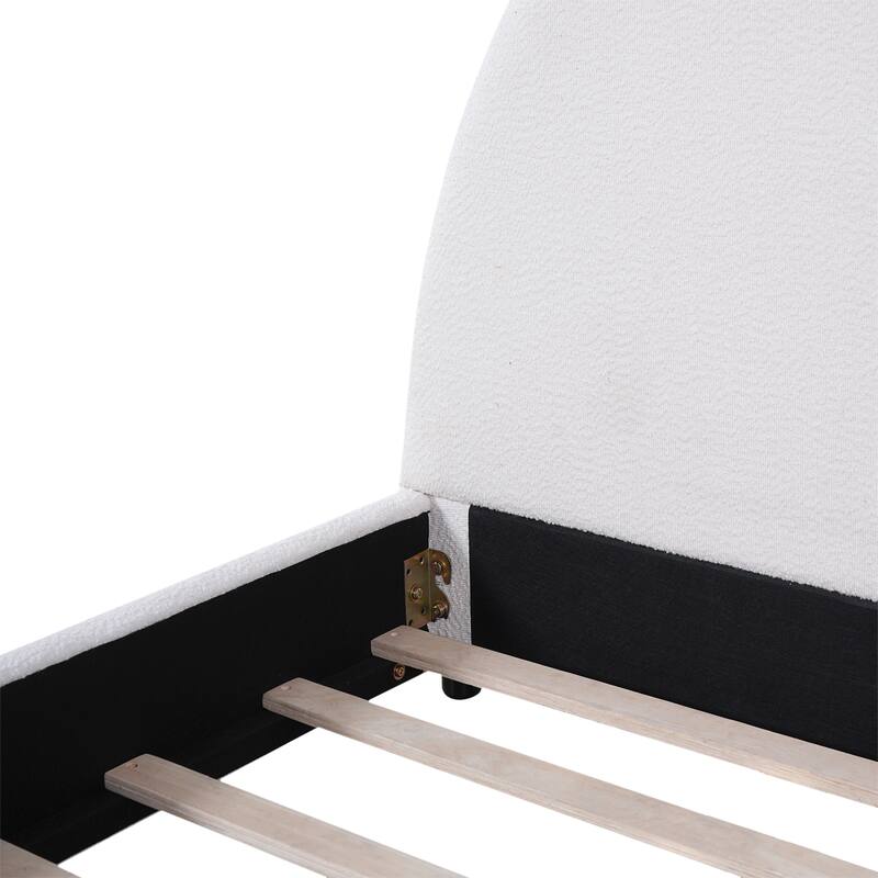 Roomfitters Queen/Twin Size Boucle Upholstered Platform Bed with Round Curved Headboard, Modern Bedroom Style, White